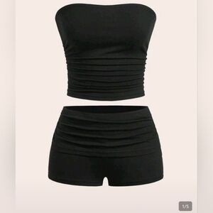 SHEIN Black Ruched Two-Piece Loungewear Set